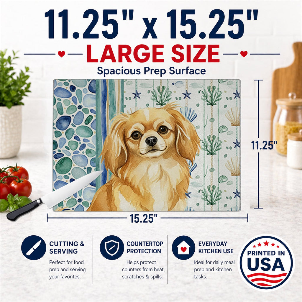 Gold Tibetan Spaniel Coastal Sea Glass Cutting Board Tempered Glass Kitchen Cutting Surface, Heat Resistant Chopping, Non-Slip Feet, Food Prep & Serving