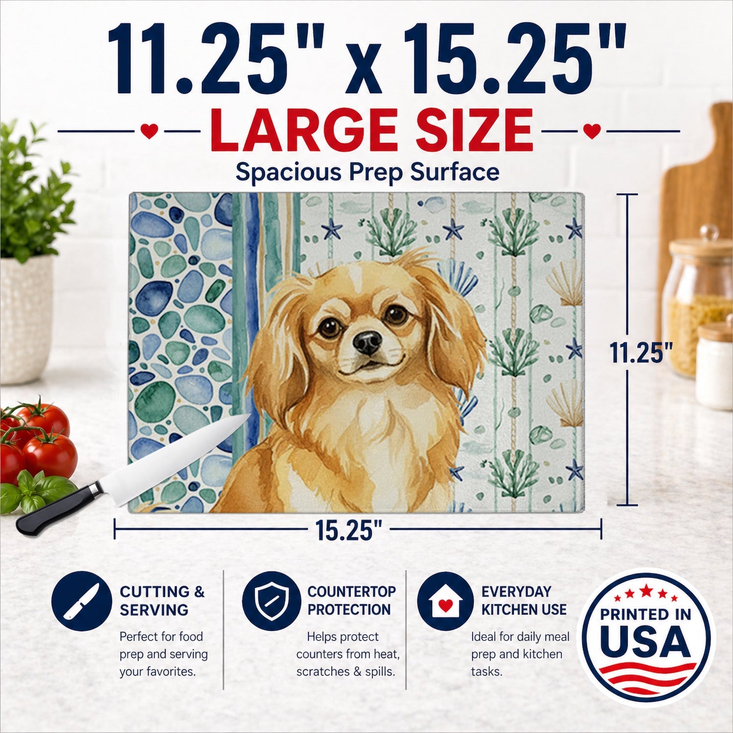 Gold Tibetan Spaniel Coastal Sea Glass Cutting Board Tempered Glass Kitchen Cutting Surface, Heat Resistant Chopping, Non-Slip Feet, Food Prep & Serving