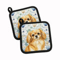 Gold Tibetan Spaniel Coastal Sea Glass Pot Holder Set of 2 Heat Resistant Quilted Hot Pads 7.5 x 7.5 Inch, Insulated Kitchen Trivets for Cooking & Baking