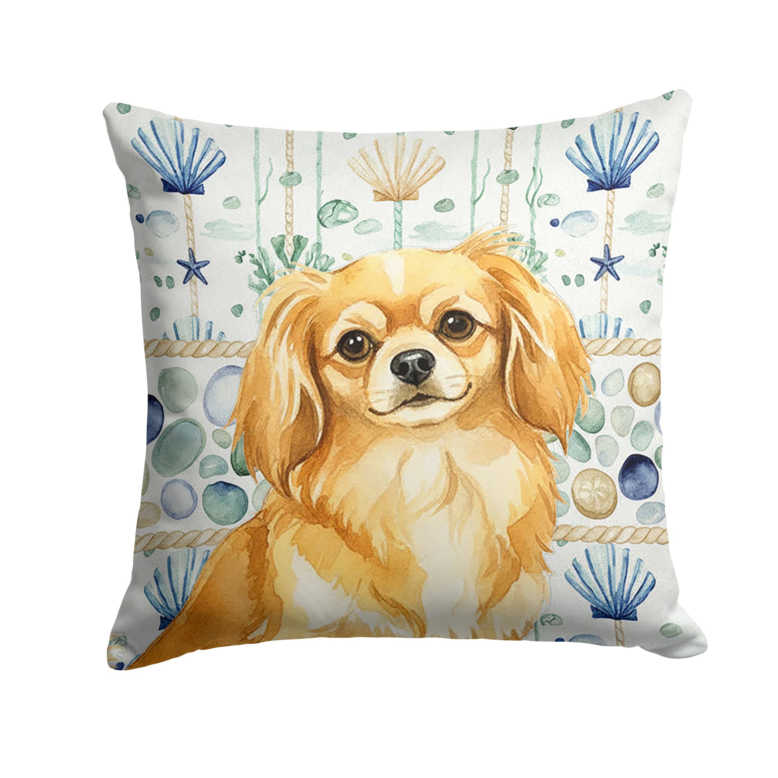 Gold Tibetan Spaniel Coastal Sea Glass Decorative Throw Pillow 14x14 Indoor Outdoor Accent Cushion, Fabric Cover with Insert for Sofa, Bed, Porch & Living Room