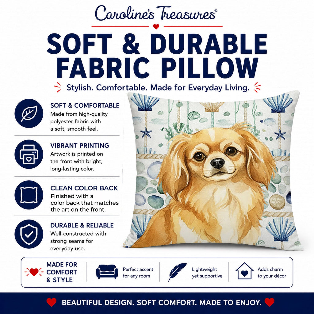 Gold Tibetan Spaniel Coastal Sea Glass Decorative Throw Pillow 18x18 Indoor Outdoor Accent Cushion, Fabric Cover with Insert for Sofa, Bed, Porch & Living Room