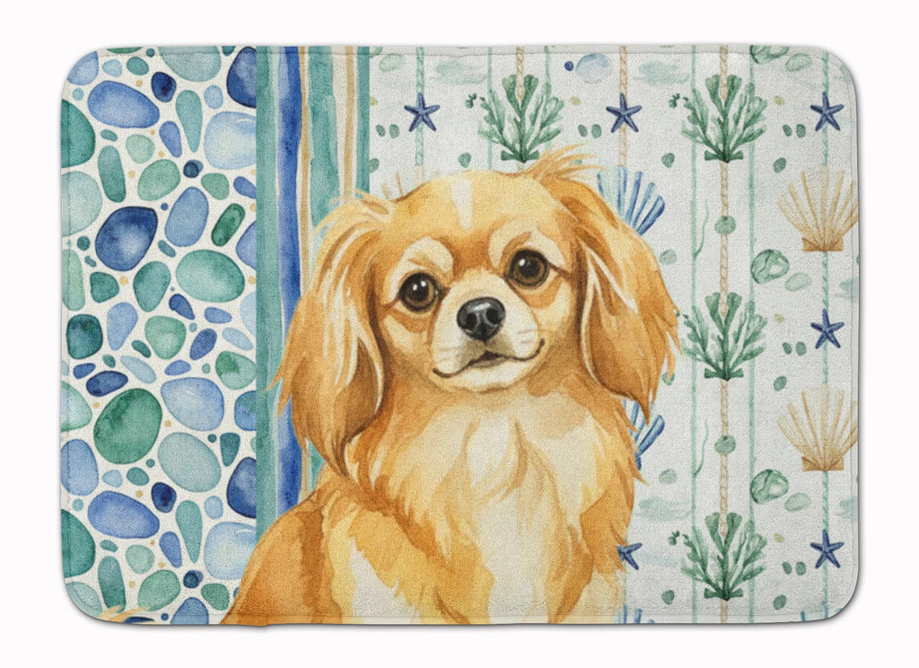 Gold Tibetan Spaniel Coastal Sea Glass Memory Foam Kitchen Mat Machine Washable Anti-Fatigue Cushion Comfort Bath or Kitchen Rug