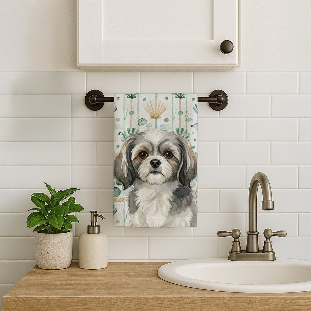 Grey and White Tibetan Spaniel Coastal Sea Glass Kitchen Towel Velour Plush Front and Cotton Loop Back Machine Washable