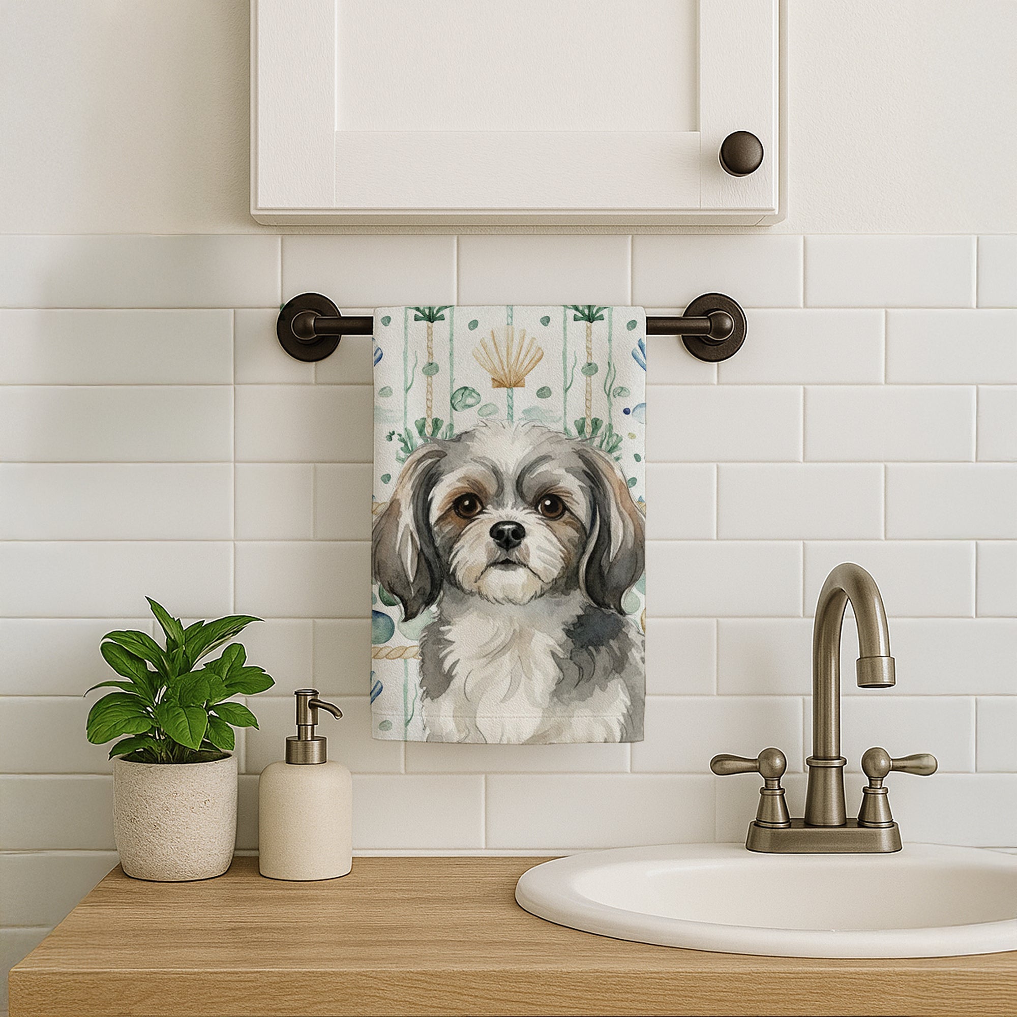 Grey and White Tibetan Spaniel Coastal Sea Glass Kitchen Towel Velour Plush Front and Cotton Loop Back Machine Washable