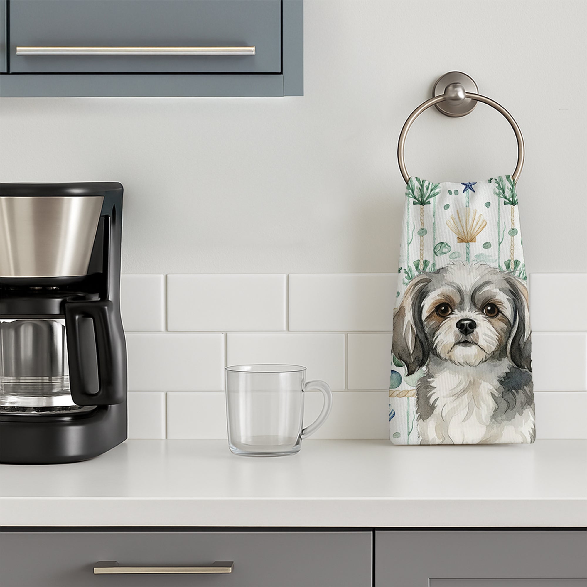 Grey and White Tibetan Spaniel Coastal Sea Glass Kitchen Towel Velour Plush Front and Cotton Loop Back Machine Washable