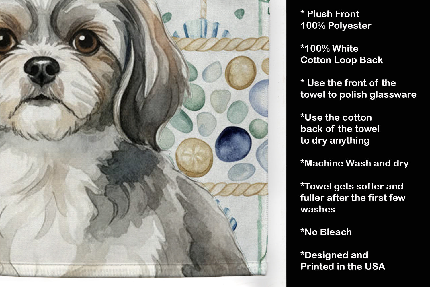 Grey and White Tibetan Spaniel Coastal Sea Glass Kitchen Towel Velour Plush Front and Cotton Loop Back Machine Washable