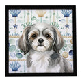 Grey and White Tibetan Spaniel Coastal Sea Glass Framed Metal Print Bathroom, Kitchen, Office, Home Decor Wall Art Ready to Hang, Square, 8X8
