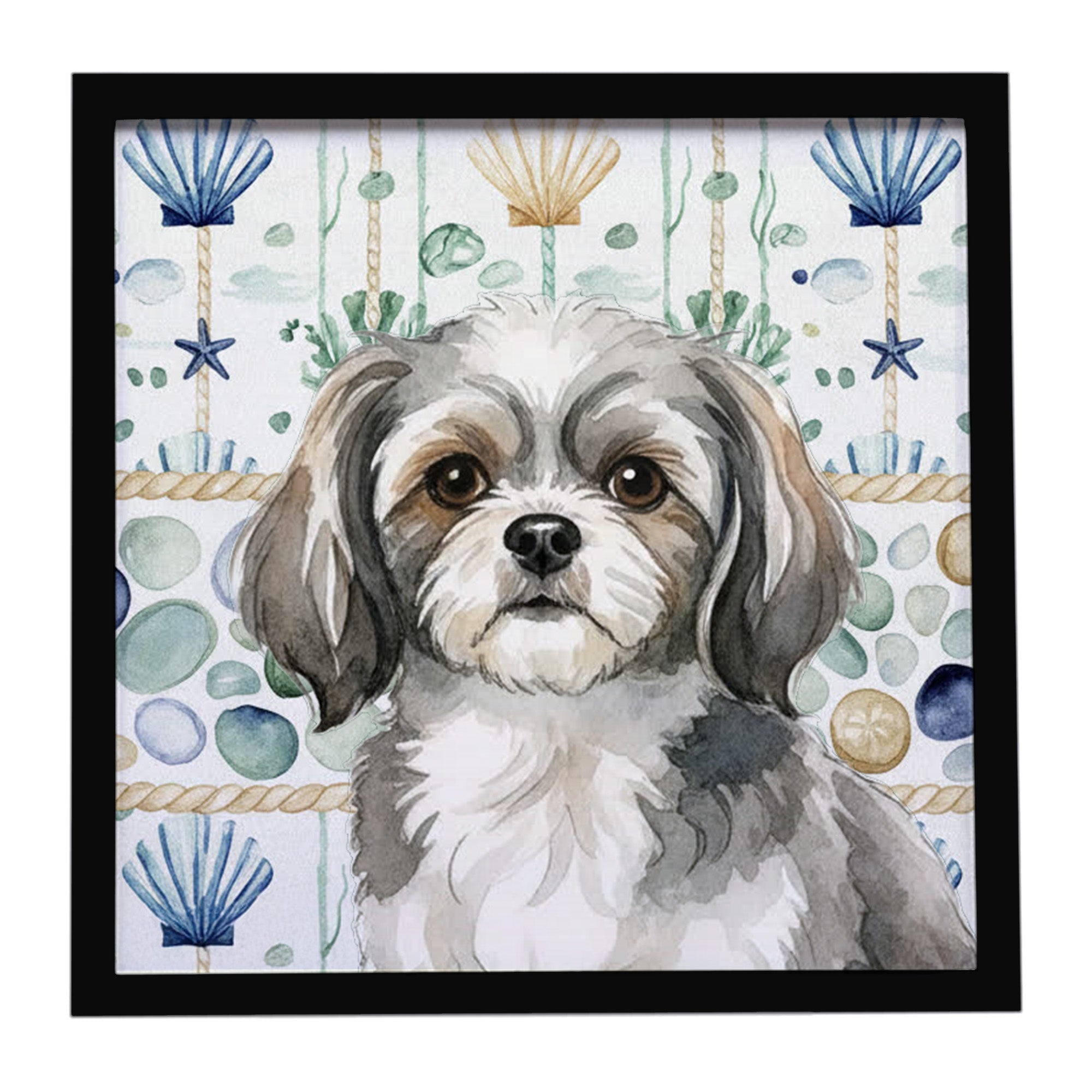 Grey and White Tibetan Spaniel Coastal Sea Glass Framed Metal Print Bathroom, Kitchen, Office, Home Decor Wall Art Ready to Hang, Square, 8X8