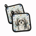 Grey and White Tibetan Spaniel Coastal Sea Glass Pot Holder Set of 2 Heat Resistant Quilted Hot Pads 7.5 x 7.5 Inch, Insulated Kitchen Trivets for Cooking & Baking