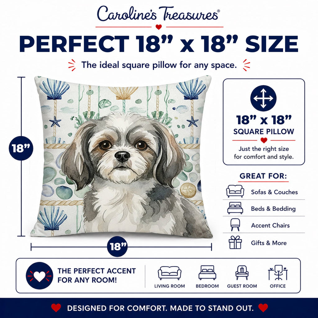 Grey and White Tibetan Spaniel Coastal Sea Glass Decorative Throw Pillow 18x18 Indoor Outdoor Accent Cushion, Fabric Cover with Insert for Sofa, Bed, Porch & Living Room