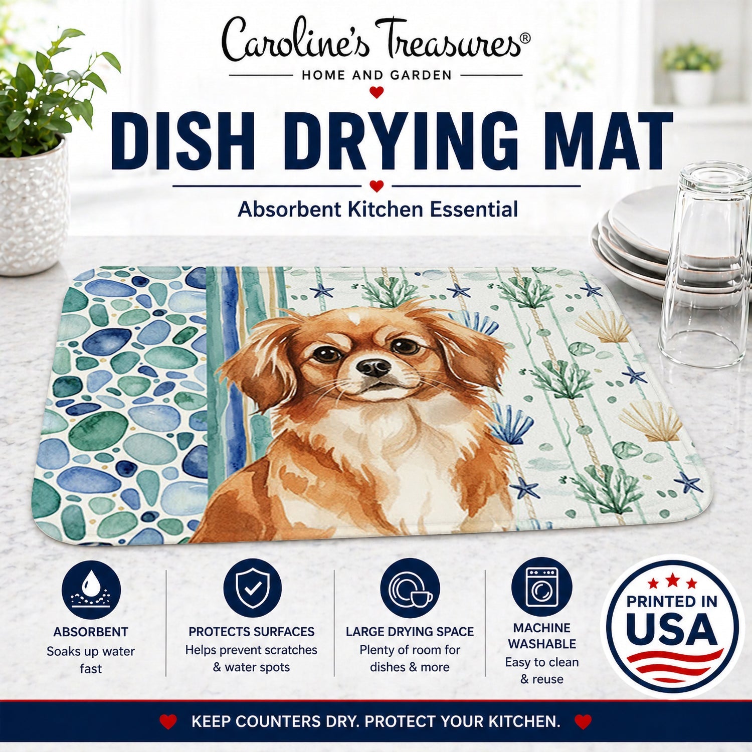 Red Tibetan Spaniel Coastal Sea Glass Dish Drying Mat Absorbent Dish Drying Mat Pad for Kitchen Counter Dish Drainer Mat for Countertop, 14 x 21", Multicolor