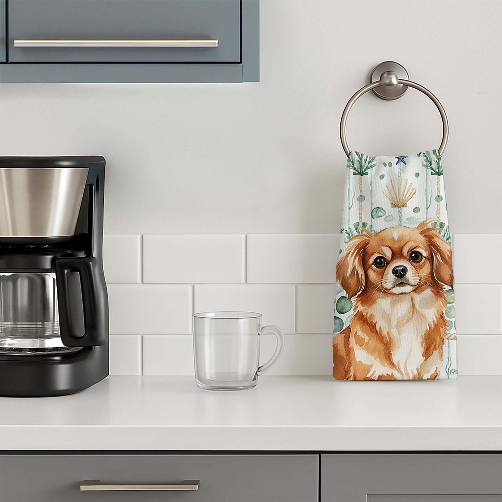 Red Tibetan Spaniel Coastal Sea Glass Kitchen Towel Velour Plush Front and Cotton Loop Back Machine Washable