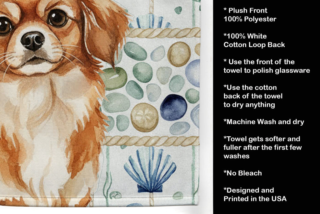 Red Tibetan Spaniel Coastal Sea Glass Kitchen Towel Velour Plush Front and Cotton Loop Back Machine Washable