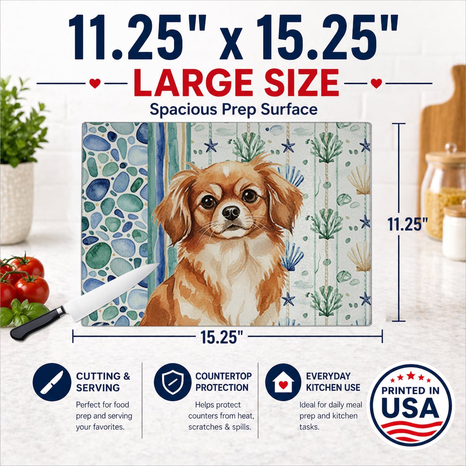 Red Tibetan Spaniel Coastal Sea Glass Cutting Board Tempered Glass Kitchen Cutting Surface, Heat Resistant Chopping, Non-Slip Feet, Food Prep & Serving
