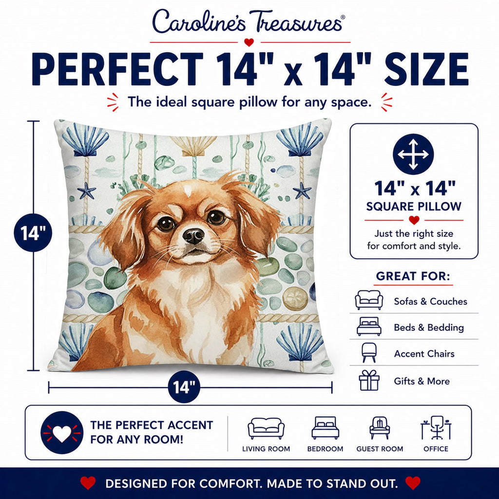 Red Tibetan Spaniel Coastal Sea Glass Decorative Throw Pillow 14x14 Indoor Outdoor Accent Cushion, Fabric Cover with Insert for Sofa, Bed, Porch & Living Room