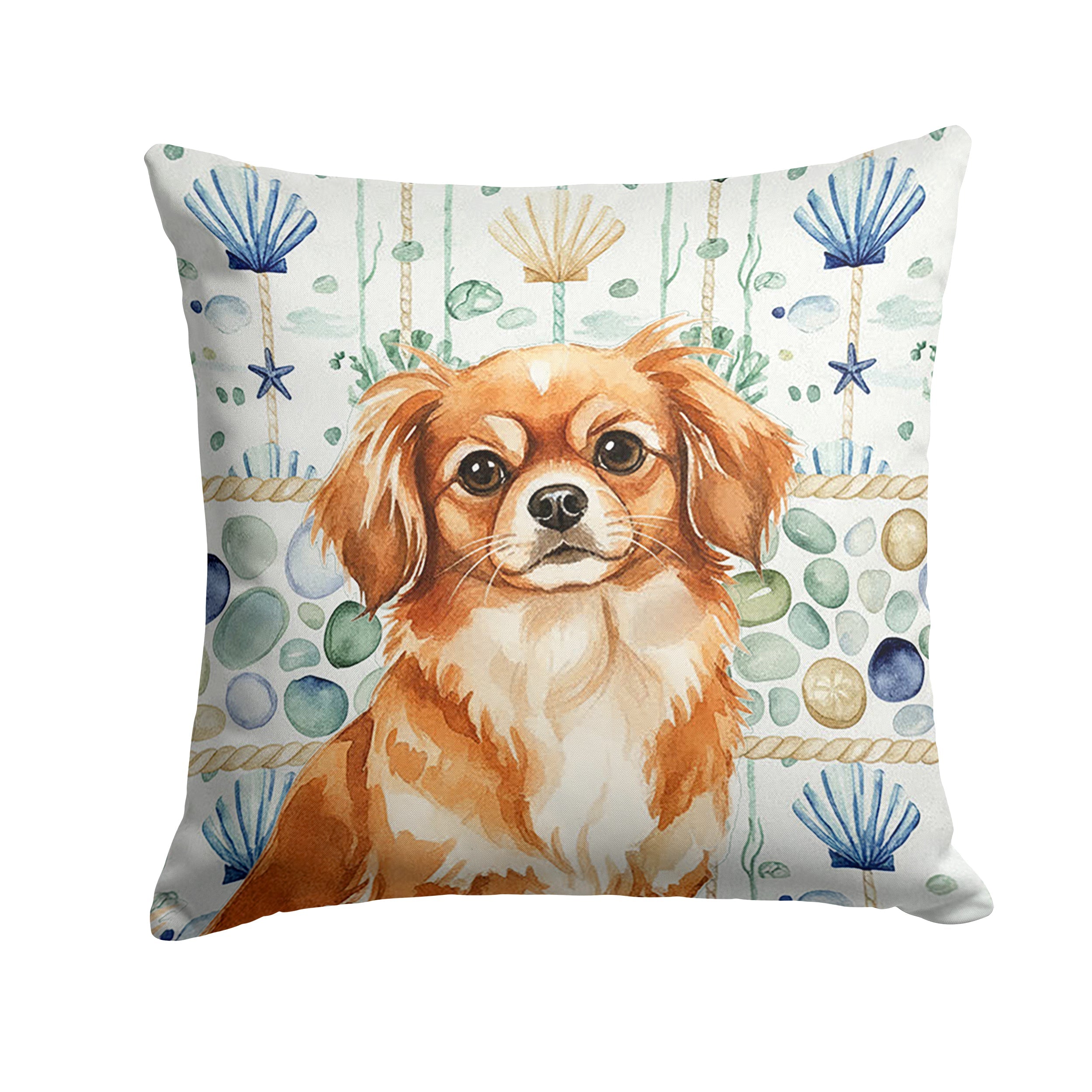 Red Tibetan Spaniel Coastal Sea Glass Decorative Throw Pillow 14x14 Indoor Outdoor Accent Cushion, Fabric Cover with Insert for Sofa, Bed, Porch & Living Room