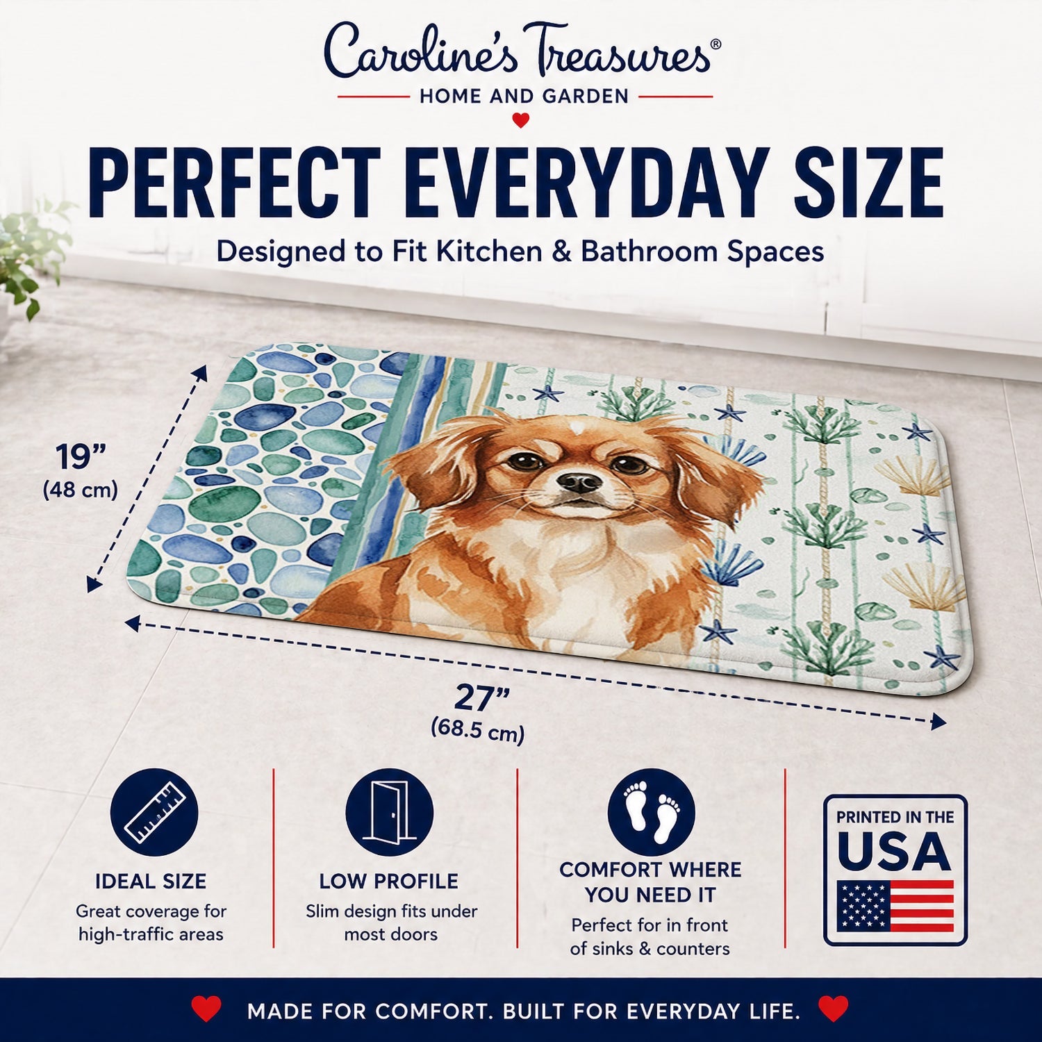 Red Tibetan Spaniel Coastal Sea Glass Memory Foam Kitchen Mat Machine Washable Anti-Fatigue Cushion Comfort Bath or Kitchen Rug