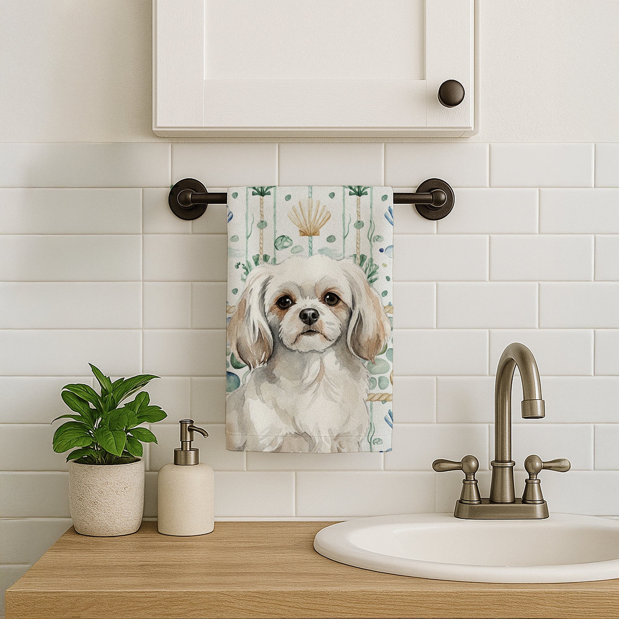White Tibetan Spaniel Coastal Sea Glass Kitchen Towel Velour Plush Front and Cotton Loop Back Machine Washable