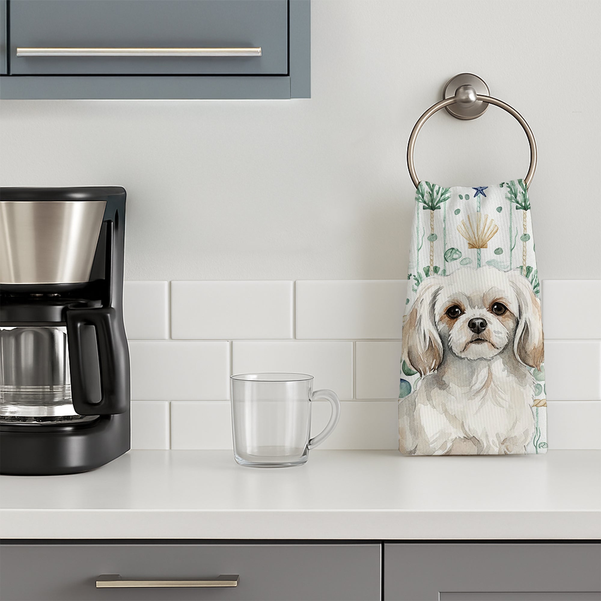 White Tibetan Spaniel Coastal Sea Glass Kitchen Towel Velour Plush Front and Cotton Loop Back Machine Washable
