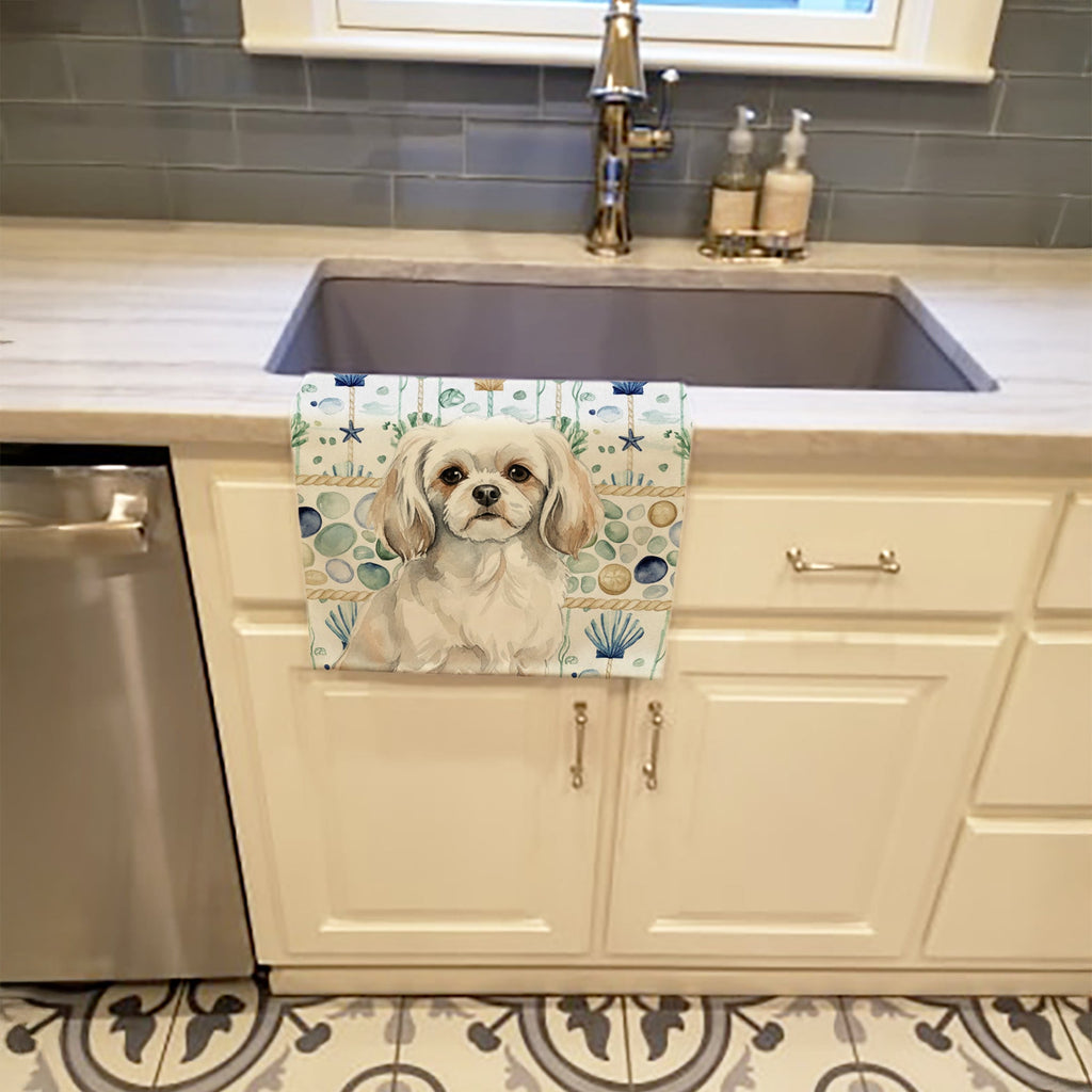 White Tibetan Spaniel Coastal Sea Glass Kitchen Towel Velour Plush Front and Cotton Loop Back Machine Washable