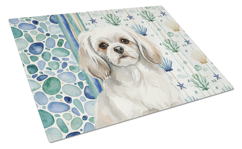 White Tibetan Spaniel Coastal Sea Glass Cutting Board Tempered Glass Kitchen Cutting Surface, Heat Resistant Chopping, Non-Slip Feet, Food Prep & Serving