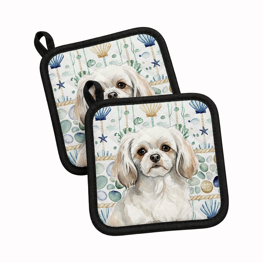 White Tibetan Spaniel Coastal Sea Glass Pot Holder Set of 2 Heat Resistant Quilted Hot Pads 7.5 x 7.5 Inch, Insulated Kitchen Trivets for Cooking & Baking