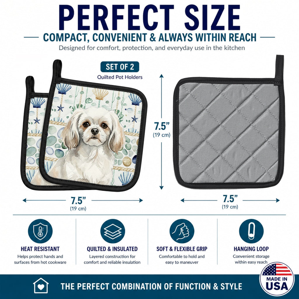 White Tibetan Spaniel Coastal Sea Glass Pot Holder Set of 2 Heat Resistant Quilted Hot Pads 7.5 x 7.5 Inch, Insulated Kitchen Trivets for Cooking & Baking