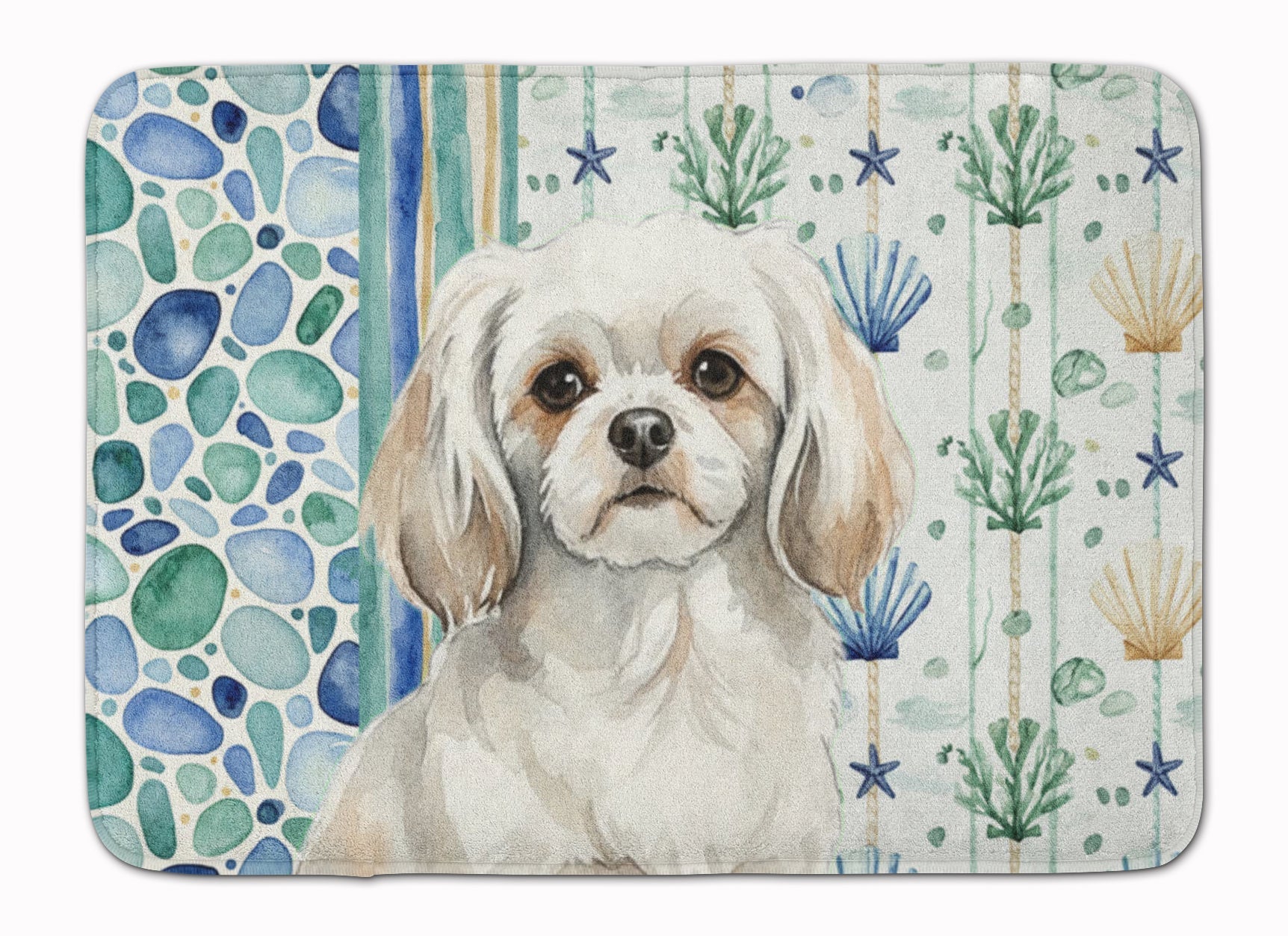 White Tibetan Spaniel Coastal Sea Glass Memory Foam Kitchen Mat Machine Washable Anti-Fatigue Cushion Comfort Bath or Kitchen Rug