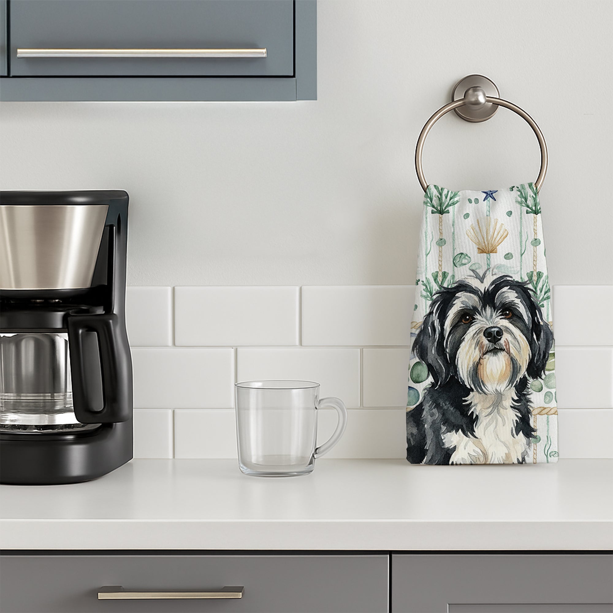 Black and White Tibetan Terrier Coastal Sea Glass Kitchen Towel Velour Plush Front and Cotton Loop Back Machine Washable