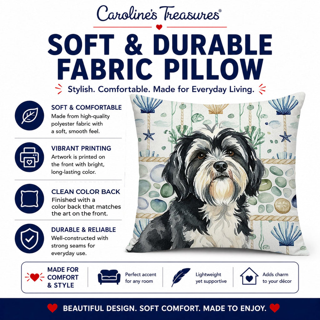Black and White Tibetan Terrier Coastal Sea Glass Decorative Throw Pillow 14x14 Indoor Outdoor Accent Cushion, Fabric Cover with Insert for Sofa, Bed, Porch & Living Room