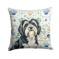 Black and White Tibetan Terrier Coastal Sea Glass Decorative Throw Pillow 14x14 Indoor Outdoor Accent Cushion, Fabric Cover with Insert for Sofa, Bed, Porch & Living Room