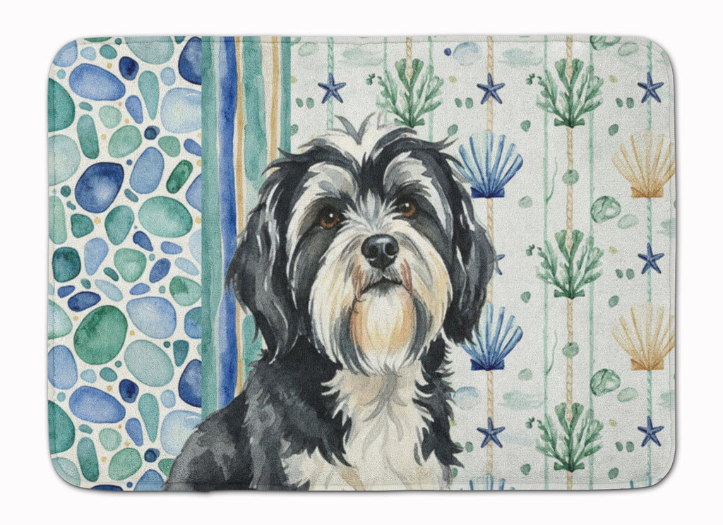 Black and White Tibetan Terrier Coastal Sea Glass Memory Foam Kitchen Mat Machine Washable Anti-Fatigue Cushion Comfort Bath or Kitchen Rug