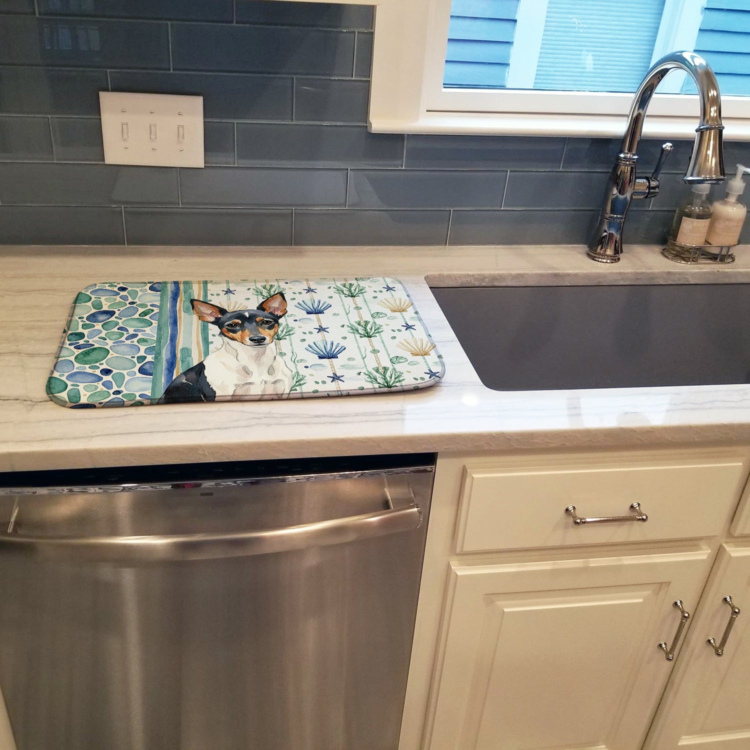 Toy Fox Terrier Coastal Sea Glass Dish Drying Mat Absorbent Dish Drying Mat Pad for Kitchen Counter Dish Drainer Mat for Countertop, 14 x 21", Multicolor