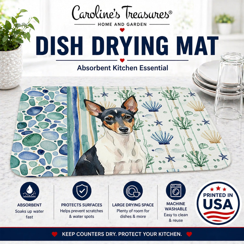 Toy Fox Terrier Coastal Sea Glass Dish Drying Mat Absorbent Dish Drying Mat Pad for Kitchen Counter Dish Drainer Mat for Countertop, 14 x 21", Multicolor