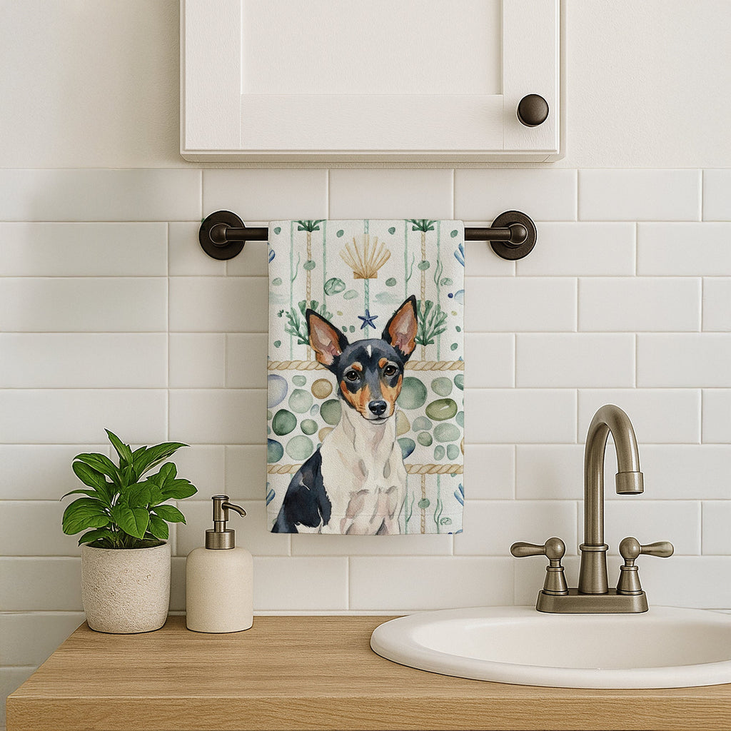 Toy Fox Terrier Coastal Sea Glass Kitchen Towel Velour Plush Front and Cotton Loop Back Machine Washable