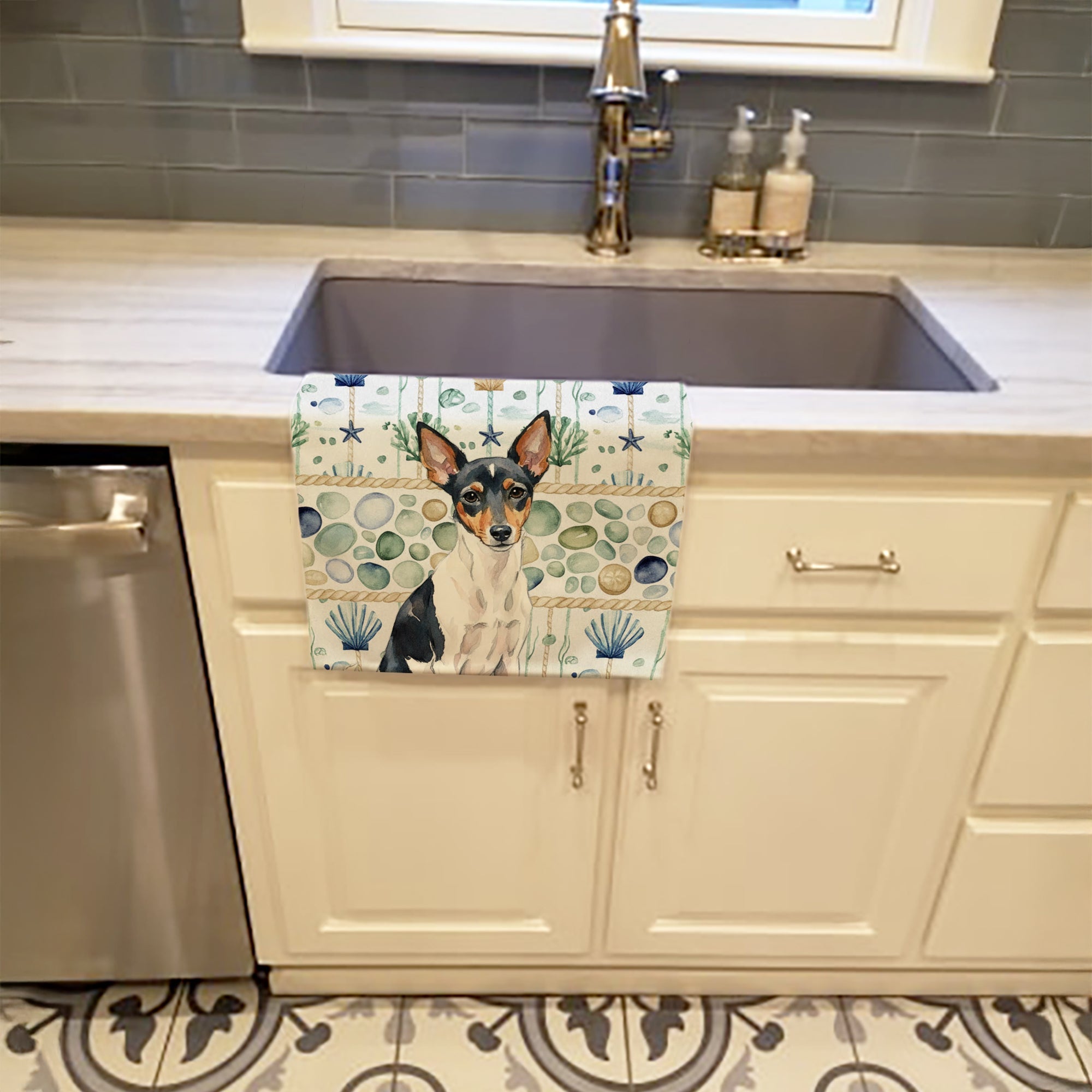 Toy Fox Terrier Coastal Sea Glass Kitchen Towel Velour Plush Front and Cotton Loop Back Machine Washable