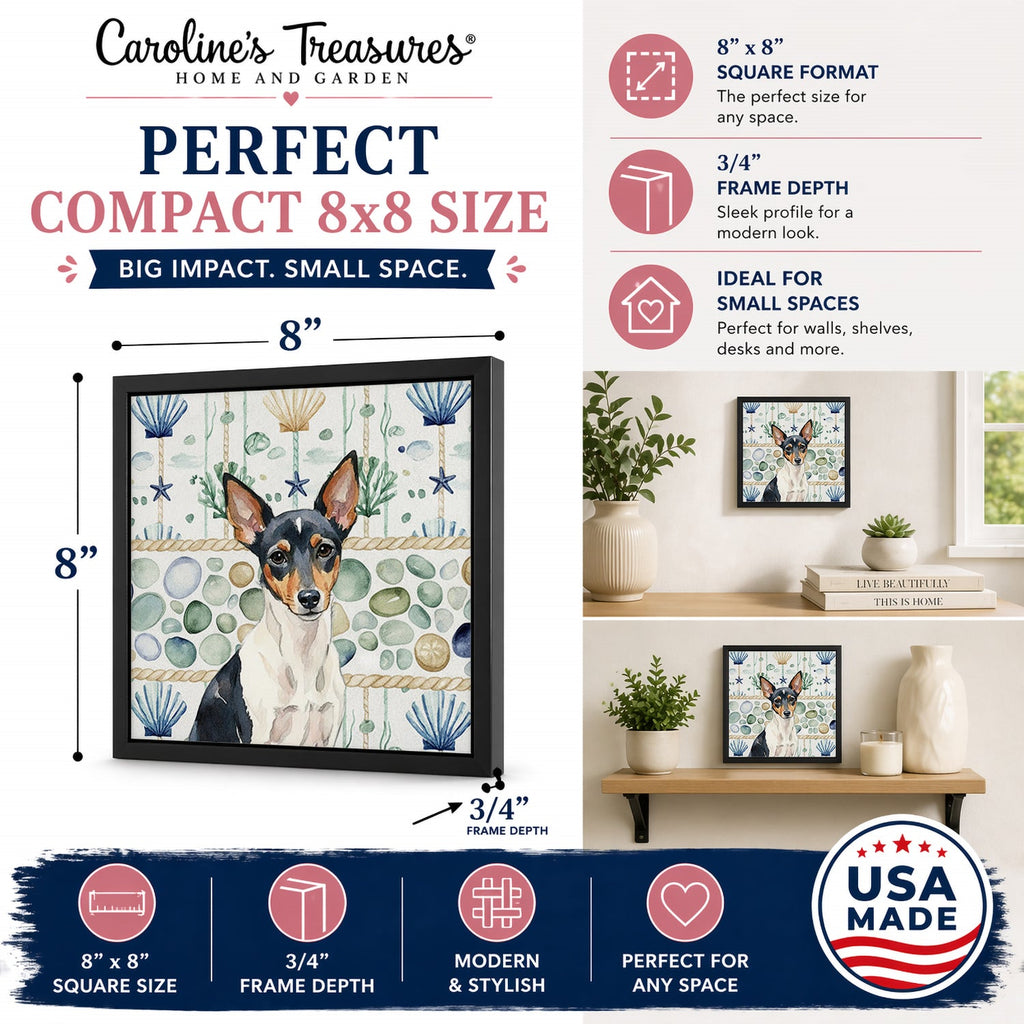 Toy Fox Terrier Coastal Sea Glass Framed Metal Print Bathroom, Kitchen, Office, Home Decor Wall Art Ready to Hang, Square, 8X8