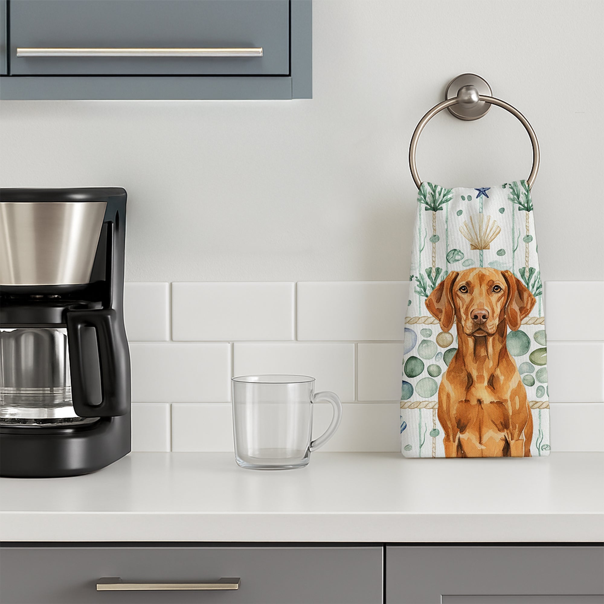 Vizsla Coastal Sea Glass Kitchen Towel Velour Plush Front and Cotton Loop Back Machine Washable