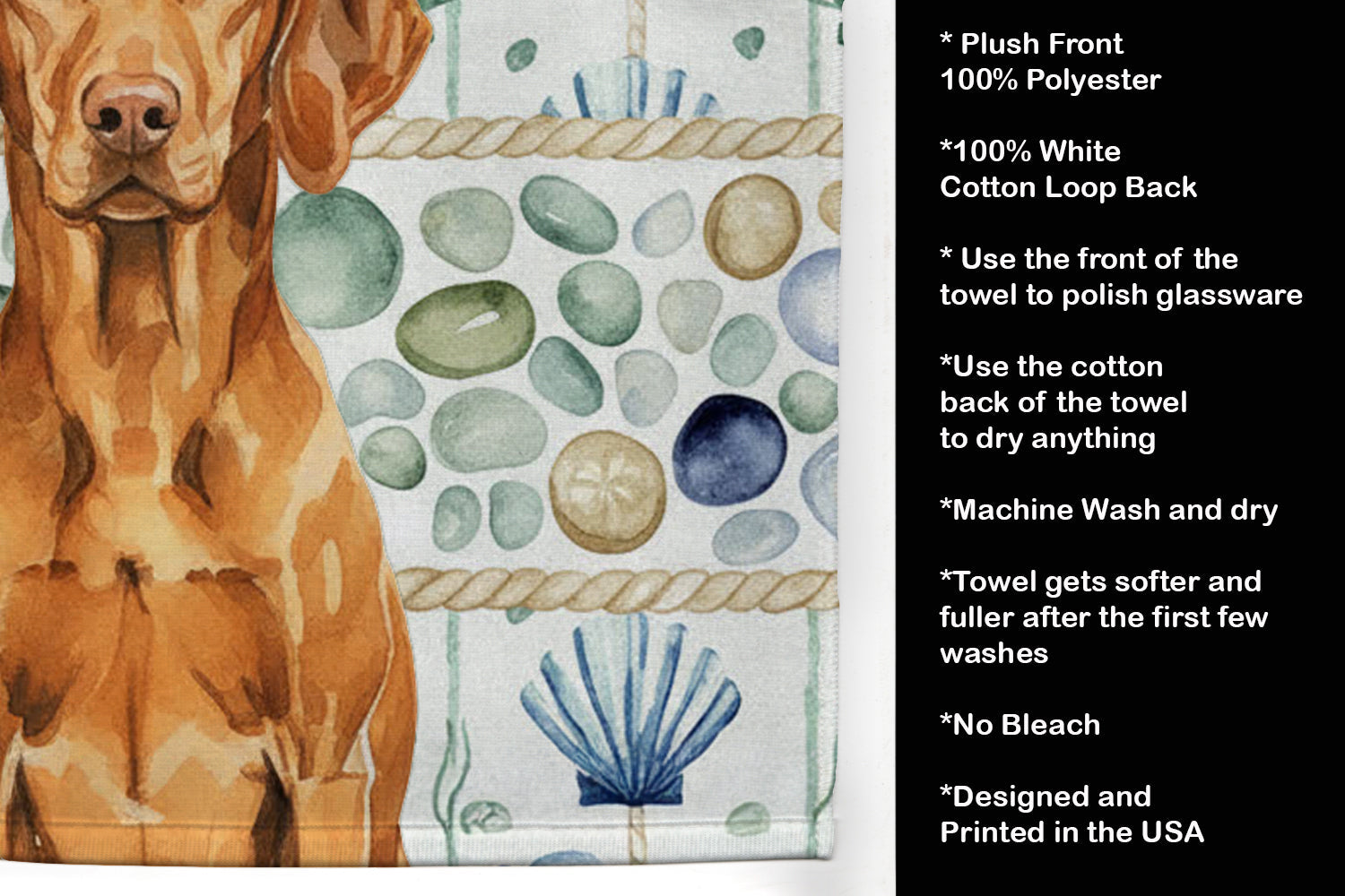 Vizsla Coastal Sea Glass Kitchen Towel Velour Plush Front and Cotton Loop Back Machine Washable