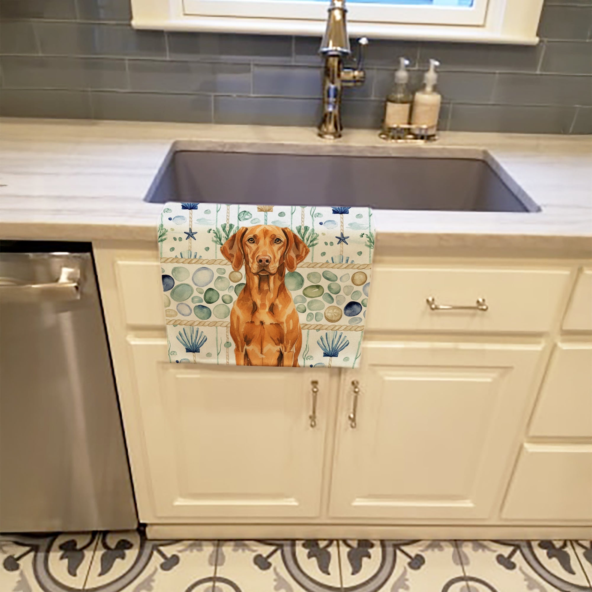 Vizsla Coastal Sea Glass Kitchen Towel Velour Plush Front and Cotton Loop Back Machine Washable