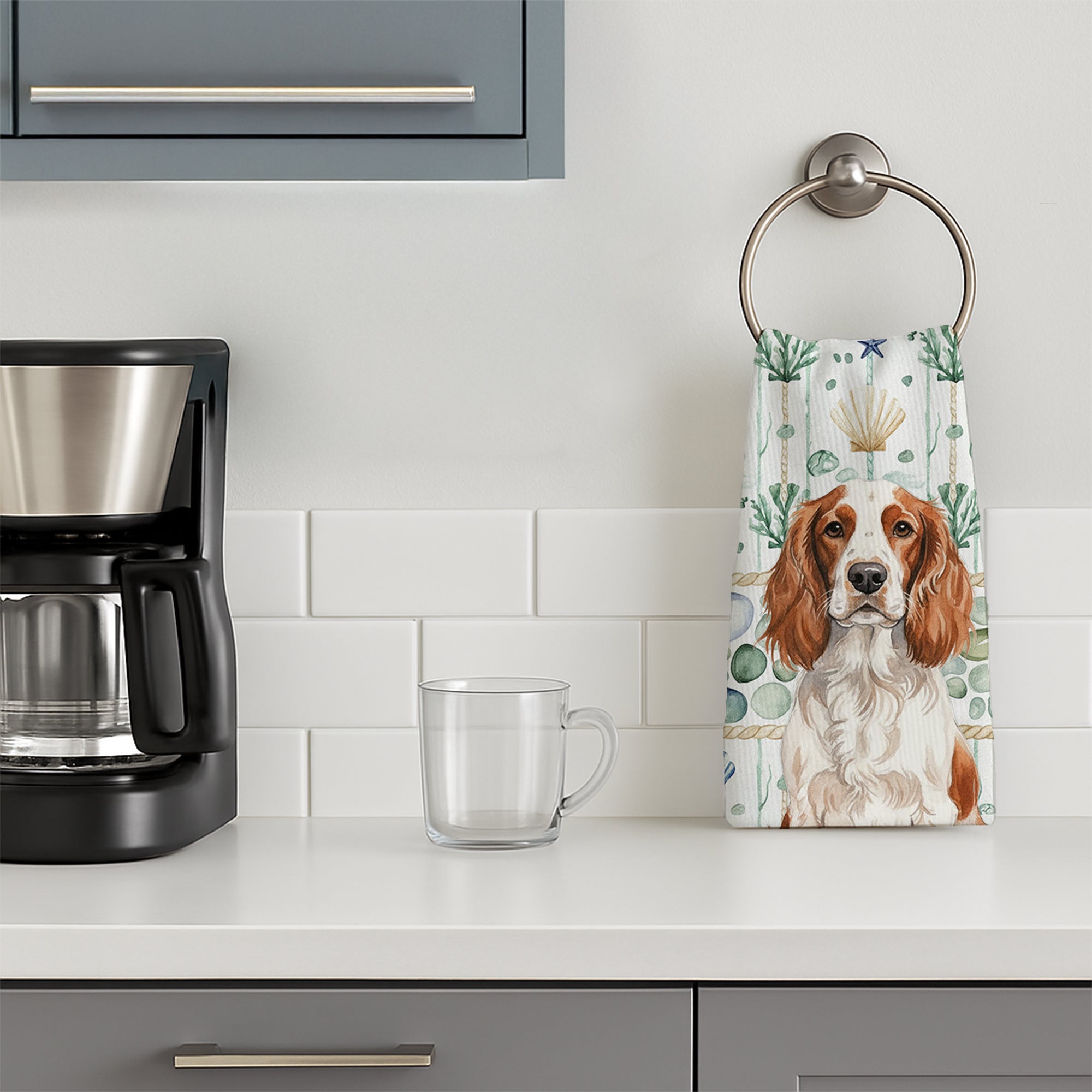 Welsh Springer Spaniel Coastal Sea Glass Kitchen Towel Velour Plush Front and Cotton Loop Back Machine Washable
