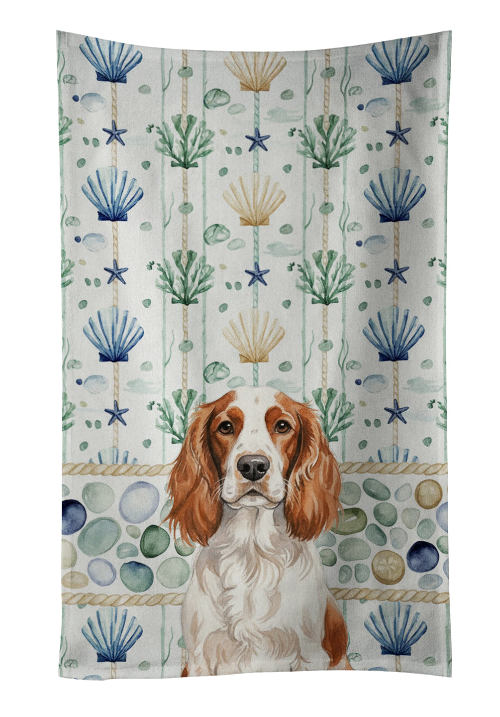 Welsh Springer Spaniel Coastal Sea Glass Kitchen Towel Velour Plush Front and Cotton Loop Back Machine Washable