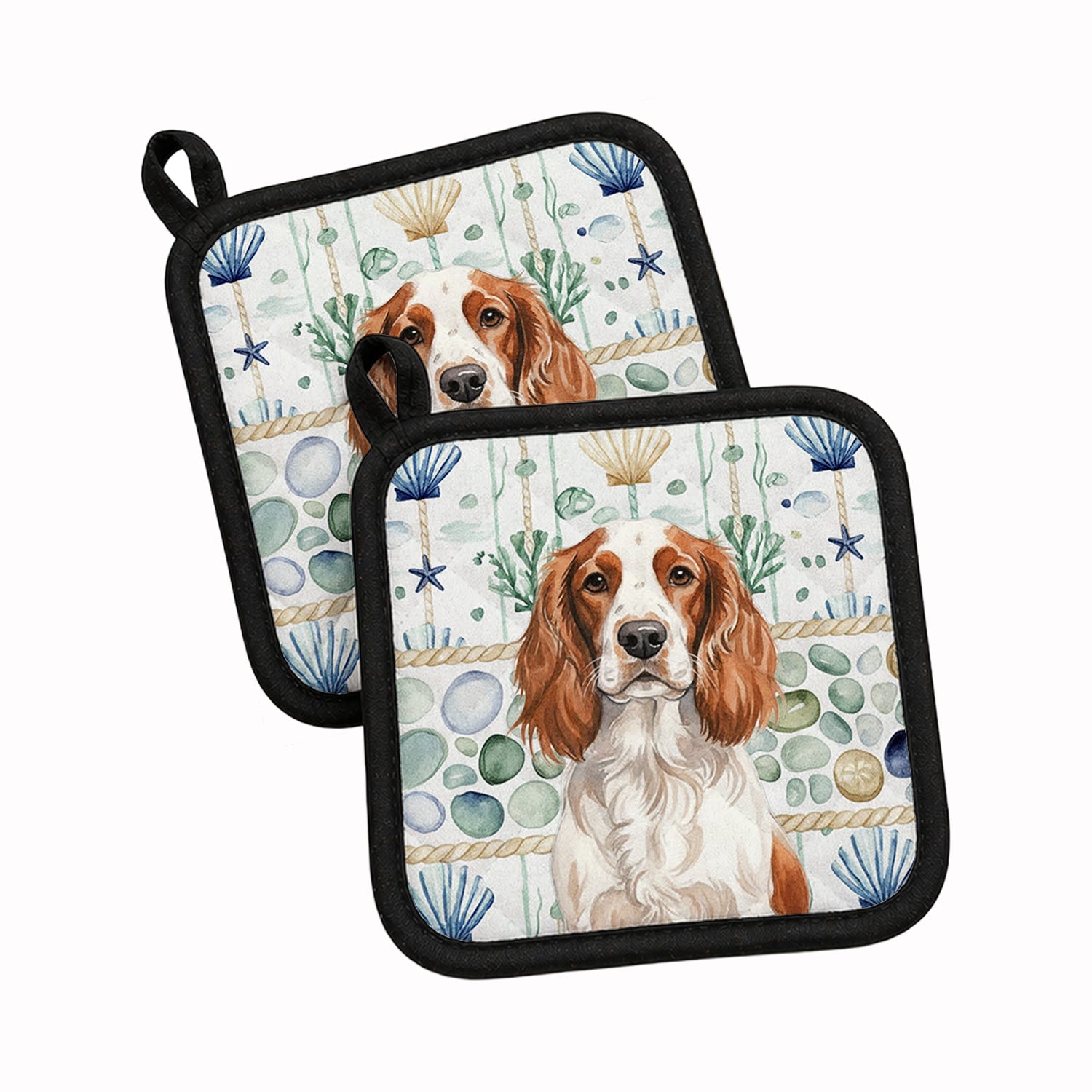 Welsh Springer Spaniel Coastal Sea Glass Pot Holder Set of 2 Heat Resistant Quilted Hot Pads 7.5 x 7.5 Inch, Insulated Kitchen Trivets for Cooking & Baking
