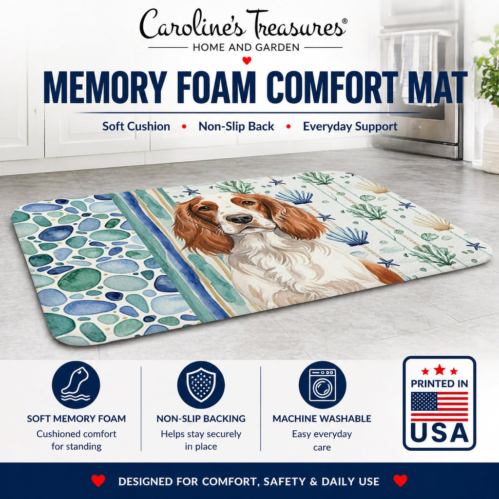Welsh Springer Spaniel Coastal Sea Glass Memory Foam Kitchen Mat Machine Washable Anti-Fatigue Cushion Comfort Bath or Kitchen Rug