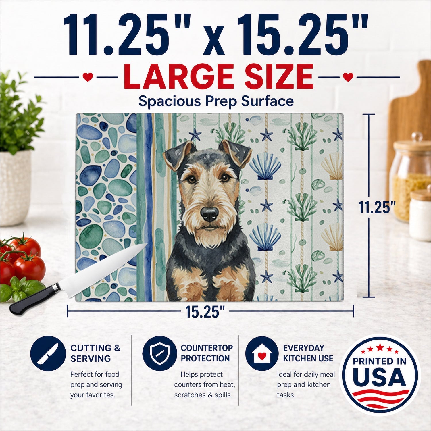 Welsh Terrier Coastal Sea Glass Cutting Board Tempered Glass Kitchen Cutting Surface, Heat Resistant Chopping, Non-Slip Feet, Food Prep & Serving