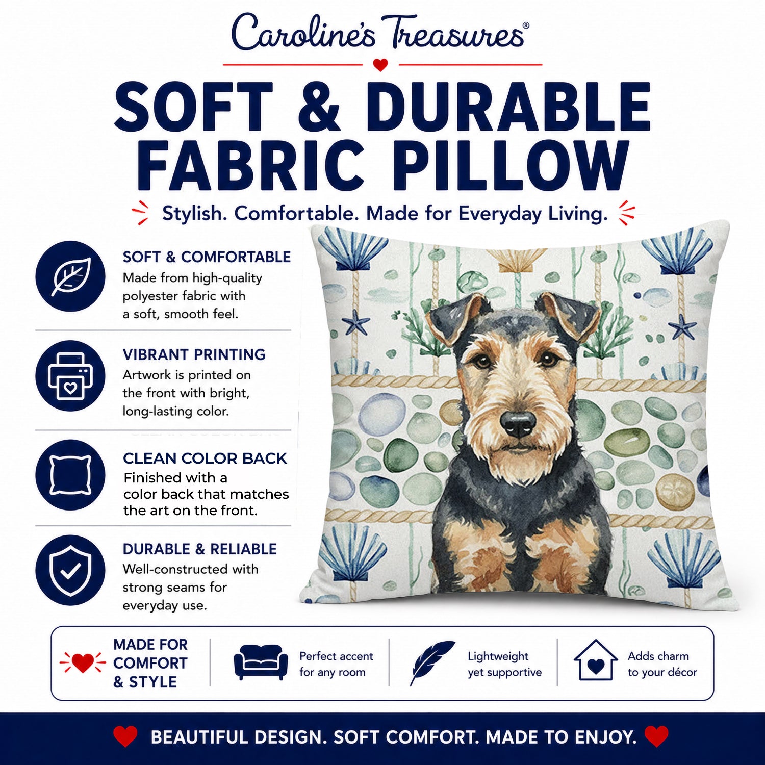 Welsh Terrier Coastal Sea Glass Decorative Throw Pillow 14x14 Indoor Outdoor Accent Cushion, Fabric Cover with Insert for Sofa, Bed, Porch & Living Room
