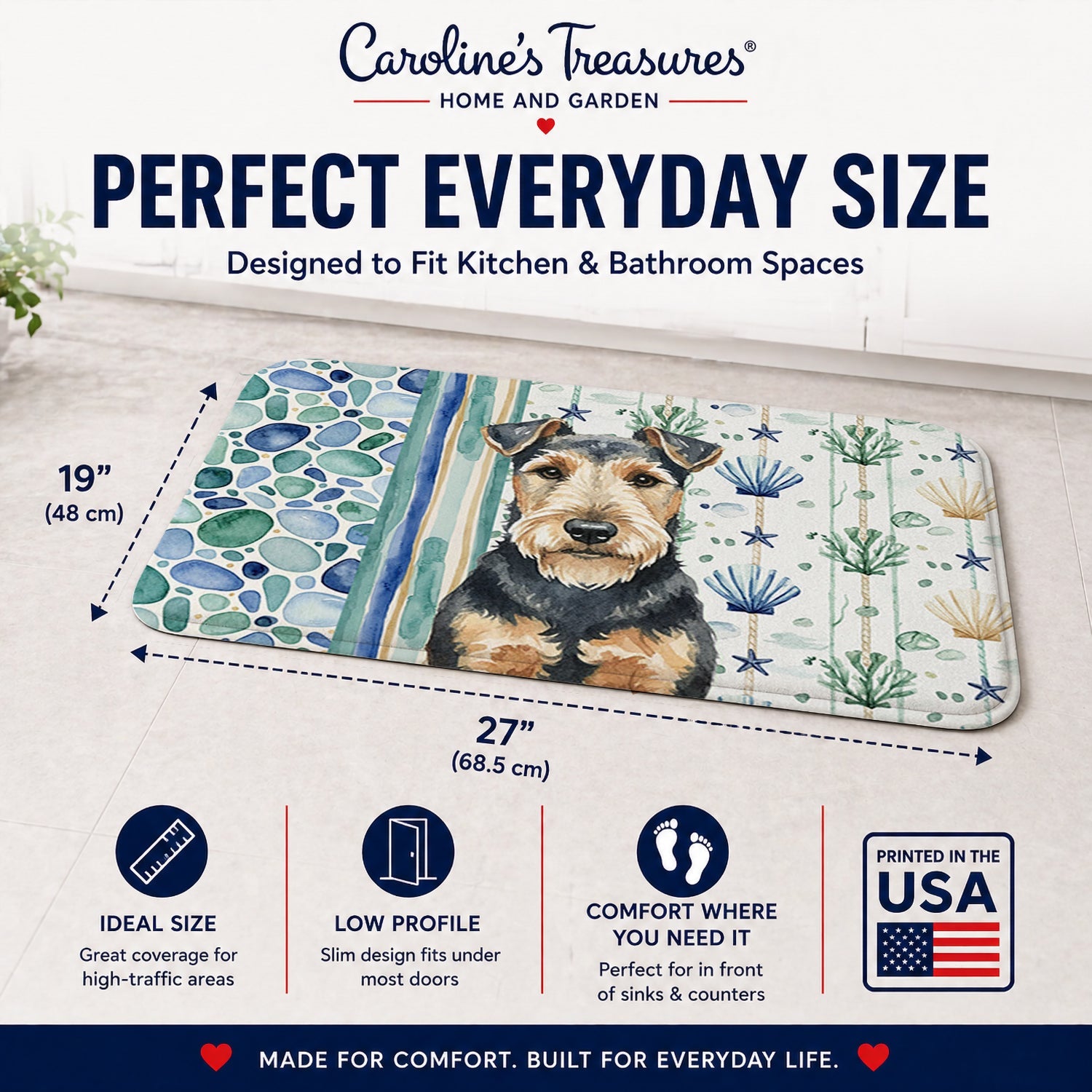 Welsh Terrier Coastal Sea Glass Memory Foam Kitchen Mat Machine Washable Anti-Fatigue Cushion Comfort Bath or Kitchen Rug
