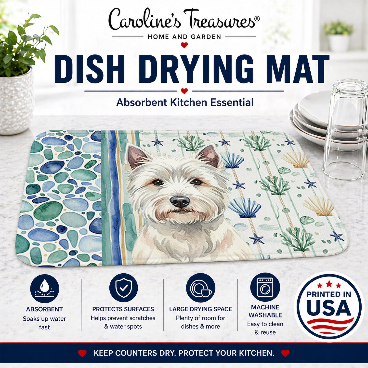 Westie Coastal Sea Glass Dish Drying Mat Absorbent Dish Drying Mat Pad for Kitchen Counter Dish Drainer Mat for Countertop, 14 x 21", Multicolor