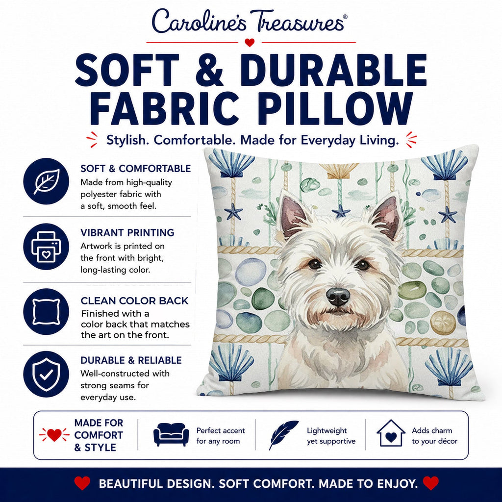 Westie Coastal Sea Glass Decorative Throw Pillow 18x18 Indoor Outdoor Accent Cushion, Fabric Cover with Insert for Sofa, Bed, Porch & Living Room
