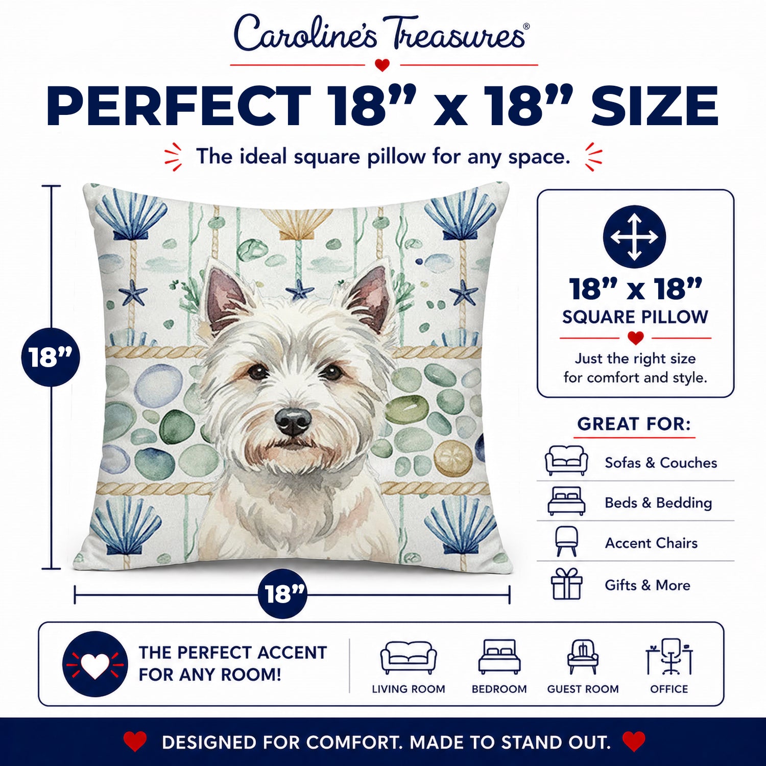 Westie Coastal Sea Glass Decorative Throw Pillow 18x18 Indoor Outdoor Accent Cushion, Fabric Cover with Insert for Sofa, Bed, Porch & Living Room
